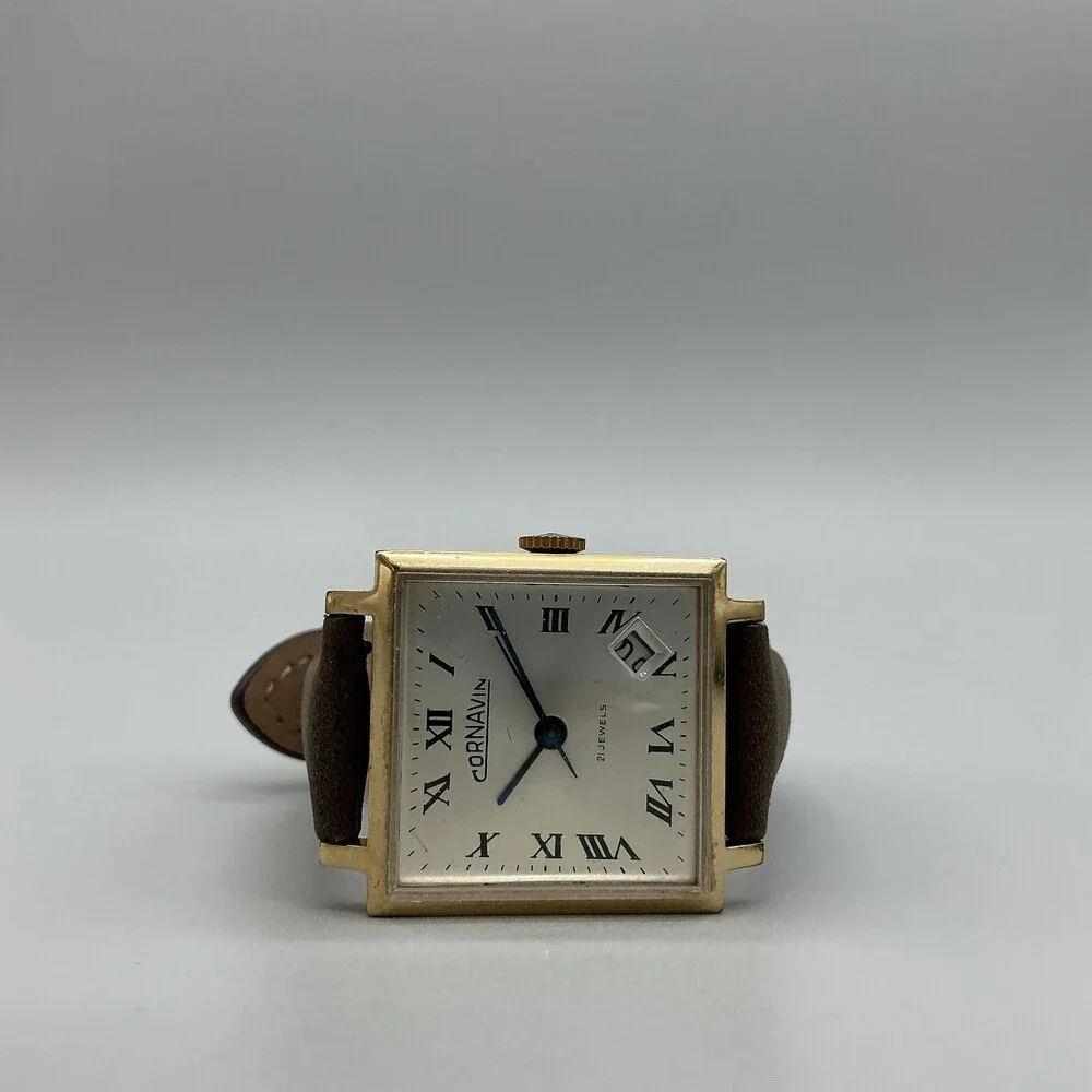 Vintage Cornavin Mens Watch 29mm Square Brown Leather Manual Wind Date